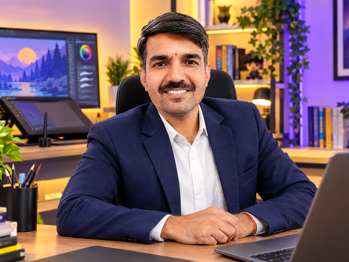 Nagesh Joshi at his digital art desk with a drawing tablet